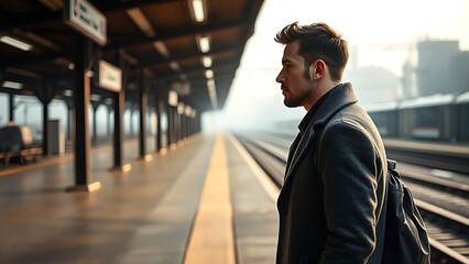 Fototapeta premium Solitary commuter on train platform, morning travel mood.