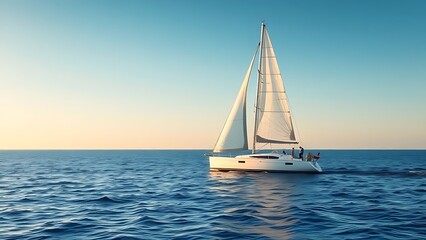 Fototapeta premium White sailboat on calm ocean, freedom and nautical exploration concept.