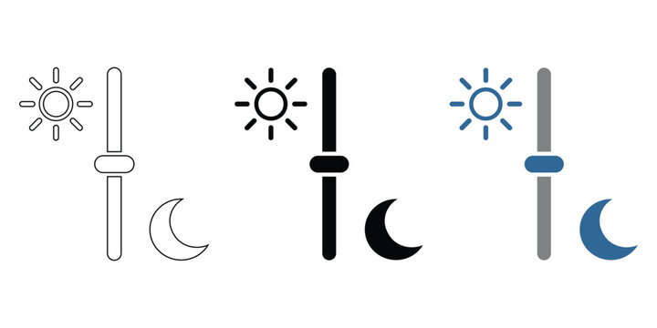 Brightness and contrast slider line and glyph icon set in black and blue color on transparent background.
