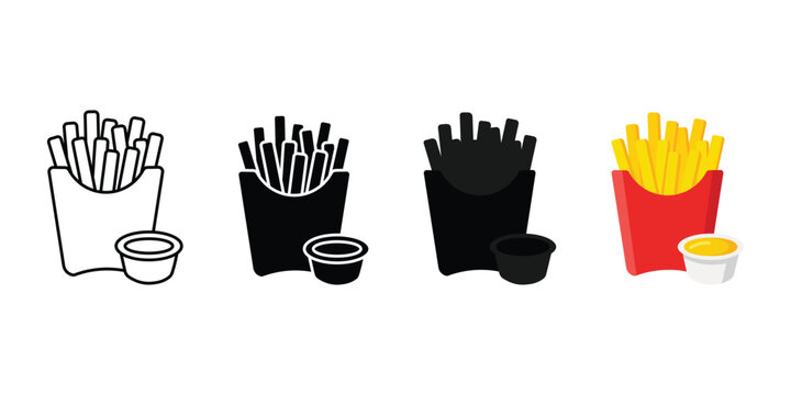 French fries in carton box with sauce vector icon set in outline glyph and flat style design.