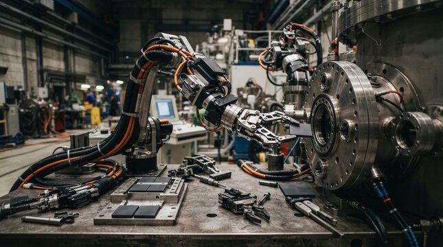 Remote handling system for fusion reactor maintenance with articulated grippers, vacuum flanges, shielded manipulators, cable bundles, and ceramic tiles on a metal table.