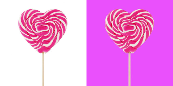 Heart shaped pink and white swirl lollipop candy photo
