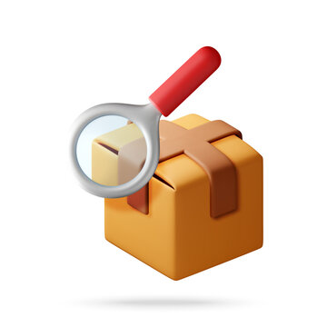 Magnifying glass over cardboard box. Package tracking and delivery inspection concept. 3d vector illustration of shipping logistics, quality control, order search and parcel examination.