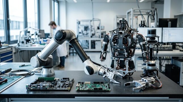 Future robotics lab in Europe with collaborative robot arm, humanoid torso frame, sensor mast, circuit boards, and precision gripper.