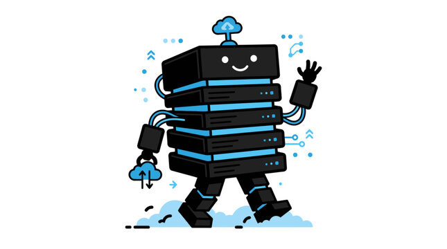 Cute cartoon server robot character walking with cloud computing icons.