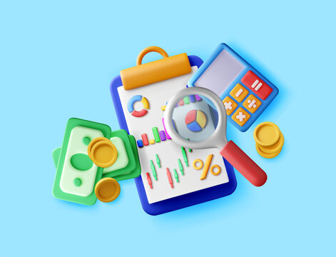3d vector illustration of clipboard with financial charts, calculator, magnifying glass, and banknotes. Business data analysis, accounting, and market research concept. Educational icon.