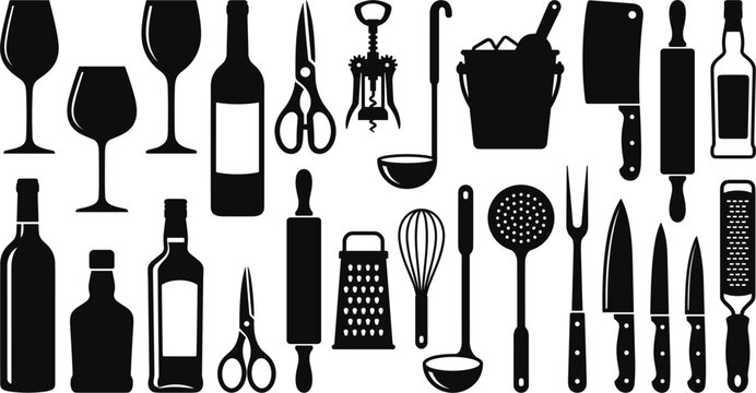 Kitchen Utensils and Bar Tools Silhouette Set, Chef Knives and Wine Bottles Icon Collection Isolated on White Background