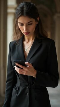 Young professional woman in elegant black suit standing outside, focused on her smartphone. Urban business lifestyle, modern communication, and digital connectivity concept.