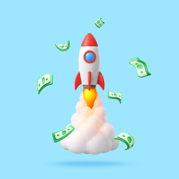 Rocket launching with floating money bills. Concept of financial growth, business startup success and economic profit. 3d vector illustration of rising investment and wealth income.