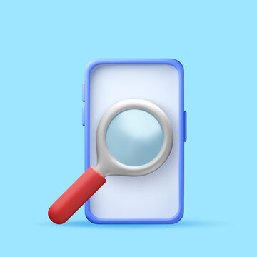 Magnifying glass over mobile phone screen as 3d icon. Concept of internet search and mobile application discovery. Digital technology tool for research and information analysis on smartphone.