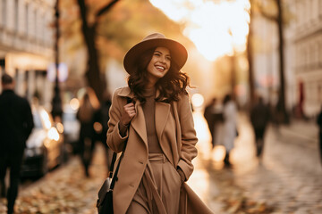 Fototapeta premium A stylish woman in a tan coat and wide-brimmed hat walks happily down a sun-drenched city street during a beautiful autumn afternoon
