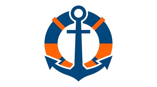 Nautical anchor emblem with lifebuoy in blue and orange design