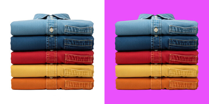 Stack of folded colorful denim shirts