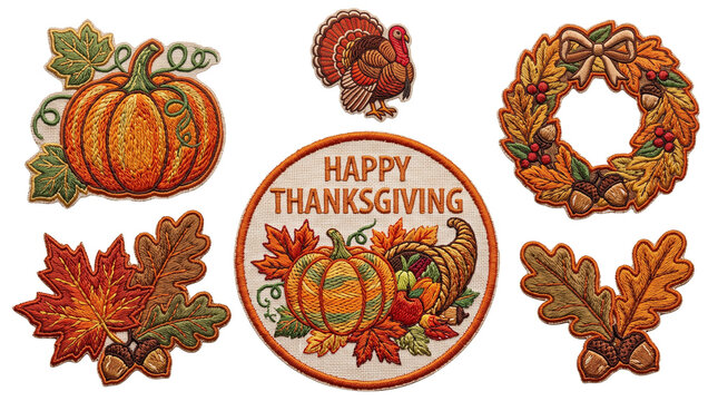 Happy Thanksgiving embroidered patch sticker collection PNG clip art