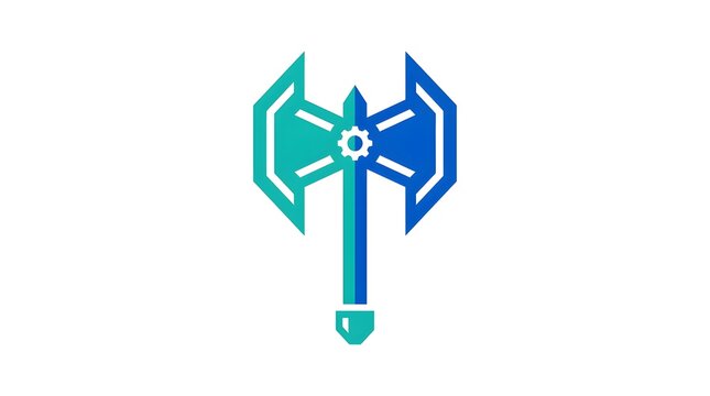 Abstract blue and teal axe logo with gear symbol
