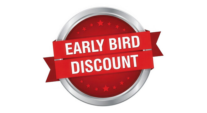 Red round early bird discount badge icon with ribbon isolated on transparent background