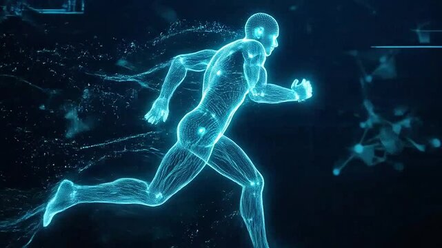 A glowing digital human figure running through a virtual space