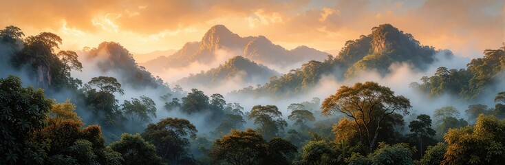 Obraz premium Misty mountains at sunrise with lush tropical forest. Orange sky above green jungle peaks. Morning fog rolls through valleys creating scenic landscape.