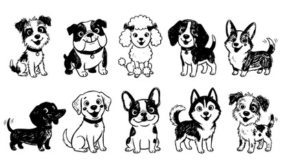 Cute Dog Breed Cartoon Character Vector Set with Bulldog, Poodle, Corgi, Dachshund, Frenchie, and Husky Line Art Drawings for Kids Graphic Designs © MdFerdous