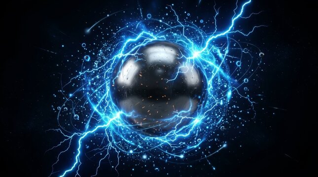 Electromagnetic Energy Orb: A metallic sphere pulsates with vibrant blue electrical energy, surrounded by crackling lightning and shimmering particles against a dark, futuristic backdrop.