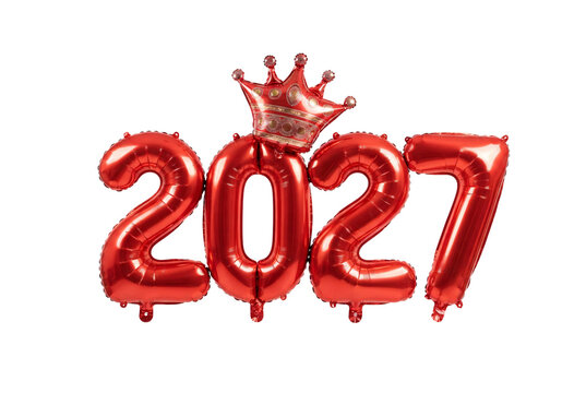 Red metallic 2027 foil balloon numbers topped with a sparkling red and gold royal tiara crown for festive party and holiday design.