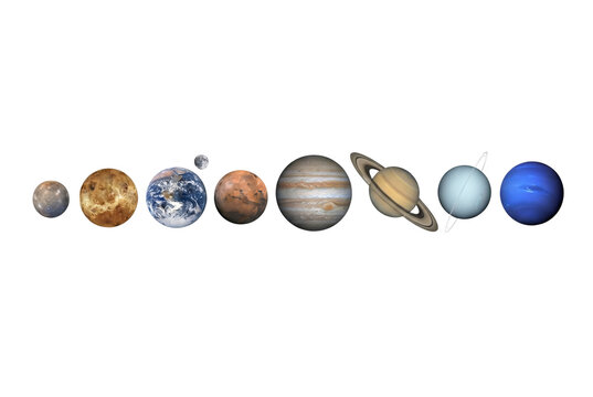 Solar system planets lined up in orbital order including Mercury, Venus, Earth with Moon, Mars, Jupiter, Saturn, Uranus, and Neptune.