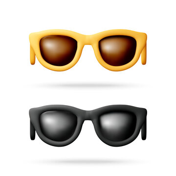 Sunglasses set with yellow and black frames. Minimalist 3D render of fashion accessories for summer vacation. Realistic plastic eyewear icon design for web store and travel concept.