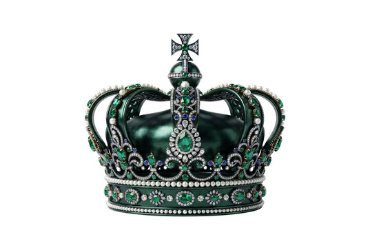 Luxury metallic green royal crown adorned with sparkling emeralds, sapphires, diamonds, pearls, and a cross topper.