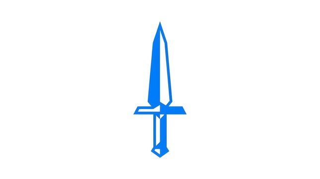 Minimalist blue sword logo on white background