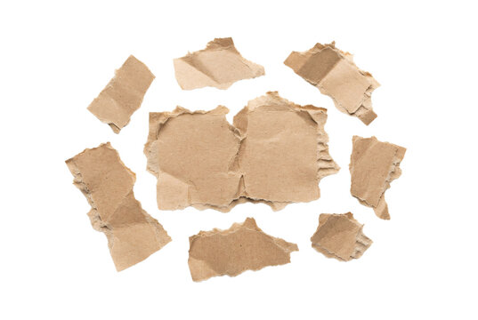 Set of torn craft cardboard paper pieces with distressed edges, rough textures, and ripped paper fragments.