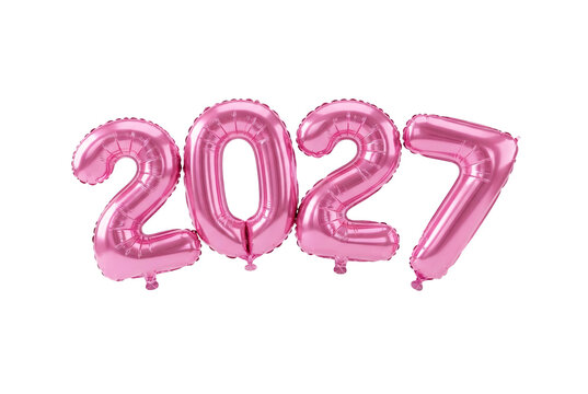 Pink metallic 2027 foil balloon numbers designed for New Year celebration, anniversary, or birthday party decoration.