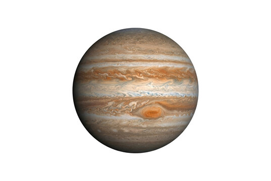 Full detailed view of planet Jupiter displaying atmospheric gas swirling bands, storm clouds, and the Great Red Spot.