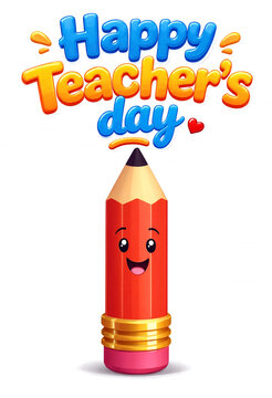 Cute smiling pencil with face and happy teacher appreciation day colorful text design