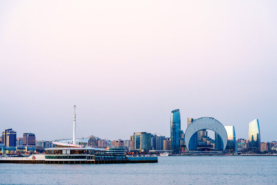 Baku Caspian Waterfront Skyline with Floating Restaurant