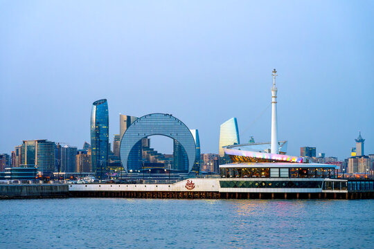 Baku Caspian Waterfront Skyline with Floating Restaurant