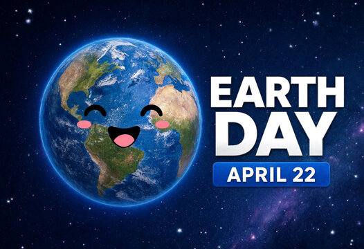 Cute smiling earth illustration with happy face for earth day celebration on april twentysecond