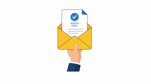 Flat 2D vector animation of a verified email envelope animation with alpha channel and transparent background. Suitable for confirmation, inbox, security, authentication, and UI projects.