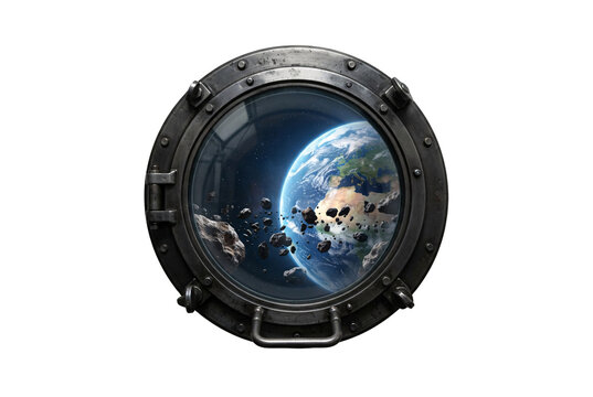 A futuristic metal porthole viewing planet Earth surrounded by orbiting asteroids in deep outer space.