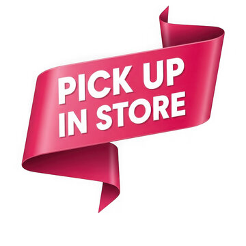 Pick up in store text on a pink ribbon banner for retail shopping isolated on transparent background