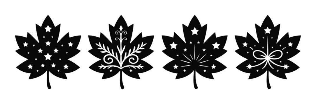 Conjunto de cuatro hojas de arce negras decorativas con patrones ornamentados