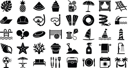 Summer Beach, Swimming Pool and Vacation Glyph Icon Set © Sourav