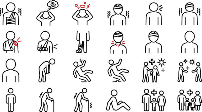 Medical Injury and Patient Symptoms Line Art Vector Icon Set Featuring Fractures Slings Headaches Slips and Elderly Care Symbols for Healthcare Designs