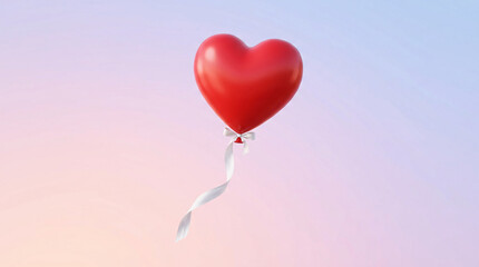 Fototapeta premium Single red heart balloon floating against soft pastel sky with valentines