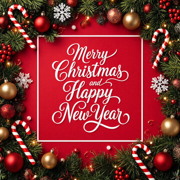 Festive christmas and new year greeting card with decorations and elegant white text
