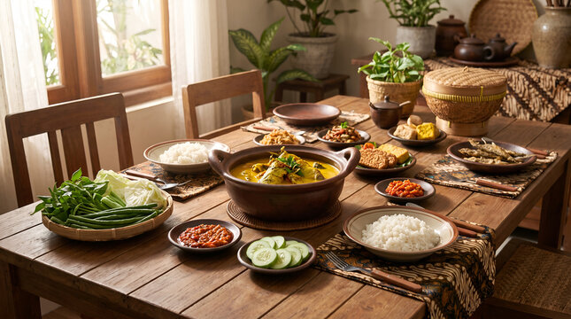 Family-style Indonesian patin fish curry meal perfect for food advertising, hospitality, restaurant promotions, tourism, and cultural publications.