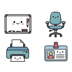 Naklejka premium Cute kawaii whiteboard, office chair, printer and ID card badge vector icon set
