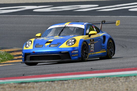 Scarperia, Italy - April 25th 2025: Porsche 911 Cup in action during Ultimate Cup Series at Mugello Circuit in Italy.