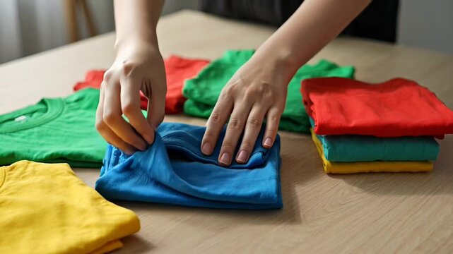 Efficiently folding colorful tshirts on a table surface