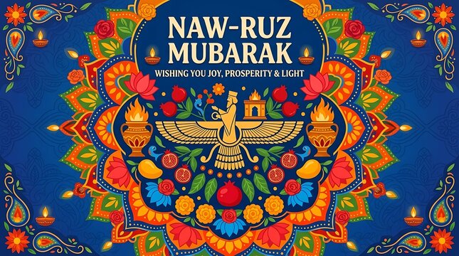 Vibrant flat vector banner, basic greeting text, and floral rangoli-style embellishment with Zoroastrian symbols