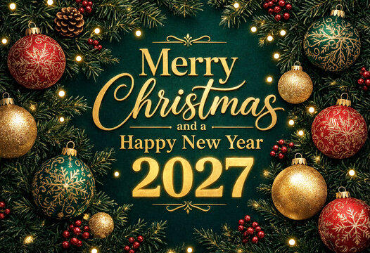Festive merry christmas and happy new year 2027 greeting with decorations and lights